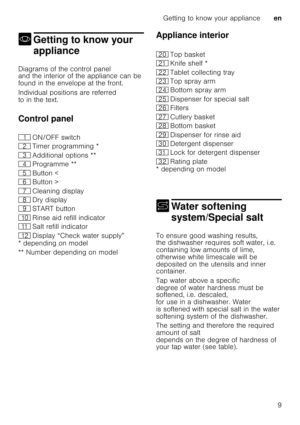 Depending on model, M caution, Rinse aid | Getting to know your appliance, Water softening system/special salt, Control panel, Appliance interior, Getting to know your appliance en 9, Depending on model ** number depending on model | Neff S51E50X1GB User Manual | Page 9 / 40