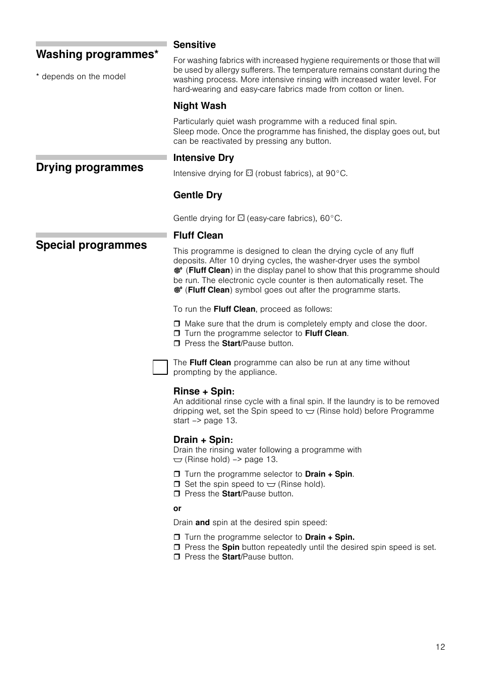 Washing programmes, Drying programmes, Special programmes | Neff V6540X0GB User Manual | Page 12 / 32