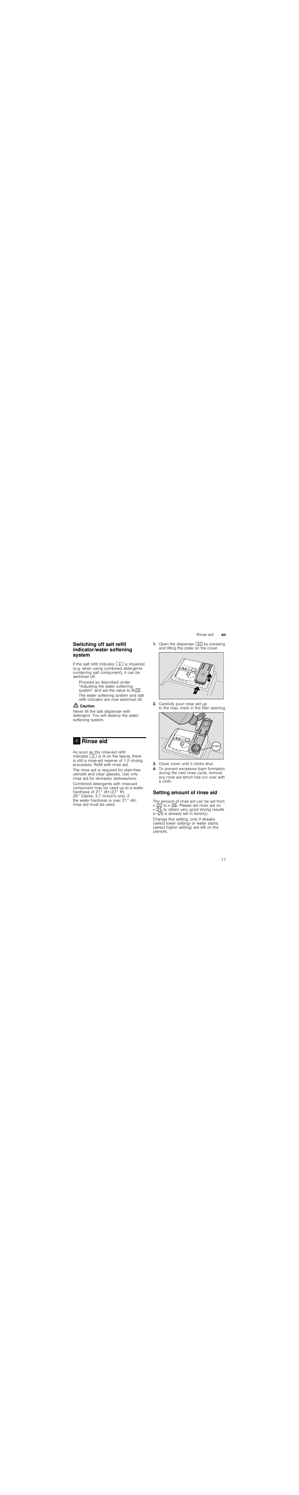 Loading the dishwasher, Place the utensils so that, Unloading the dishwasher | Note, Cups and glasses, Pans, Rinse aid, Setting amount of rinse aid | Neff S71M63X2GB User Manual | Page 11 / 42