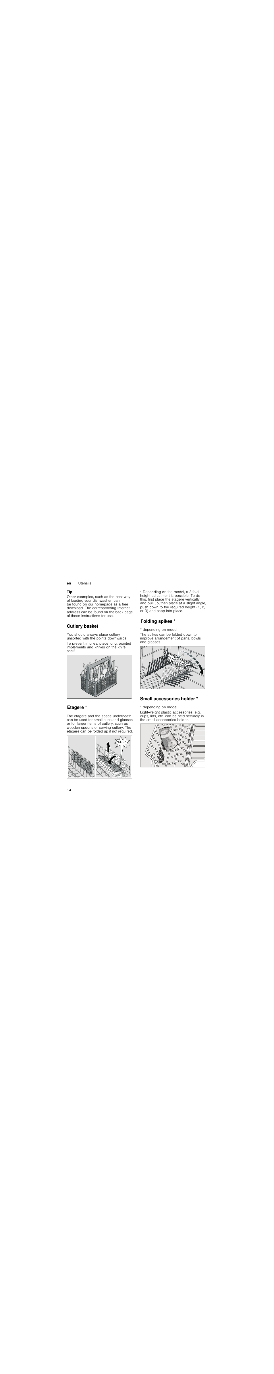 Detergent, Note, M warning | Adding detergent, Cutlery basket, Etagere, Folding spikes, Small accessories holder | Neff S71M63X2GB User Manual | Page 14 / 42