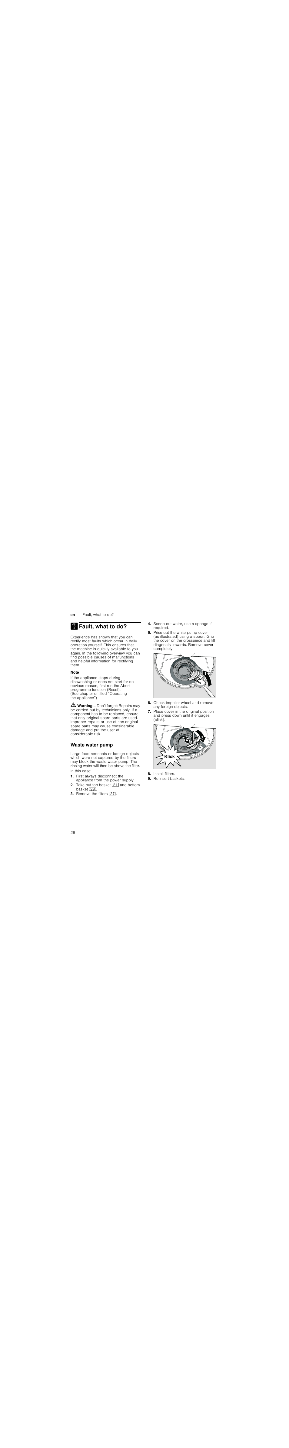 Fault, what to do, Waste water pump, Olfn | Neff S71M63X2GB User Manual | Page 26 / 42