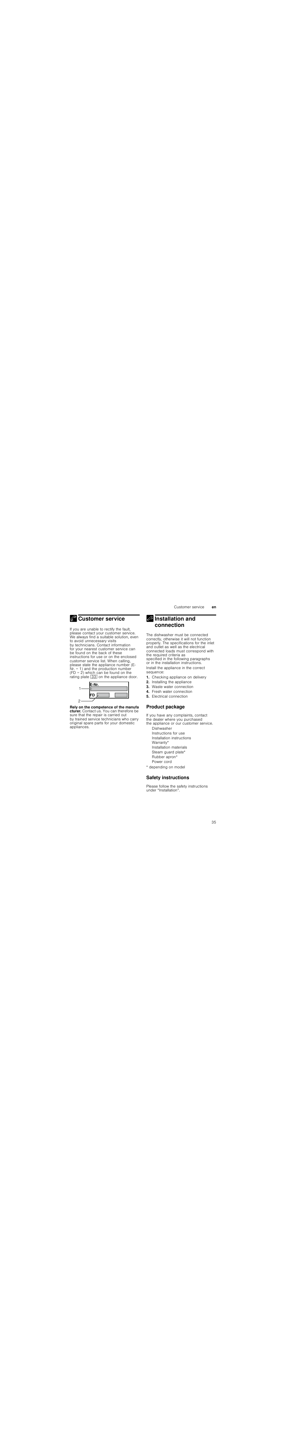 Fresh water connection, Warm water connection *warm water connection, Setting hot water | Open the door, Switch on on/off switch, Release both buttons, To change the setting, Press start button, Close the door, Customer service | Neff S71M63X2GB User Manual | Page 35 / 42