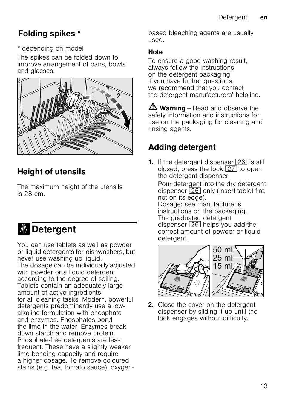 Overview of programmes, Type of utensils, Type of soiling | Programme, Possible additional options, Programme sequence, Detergent, Folding spikes, Height of utensils, Adding detergent | Neff S65M63N1GB User Manual | Page 13 / 35