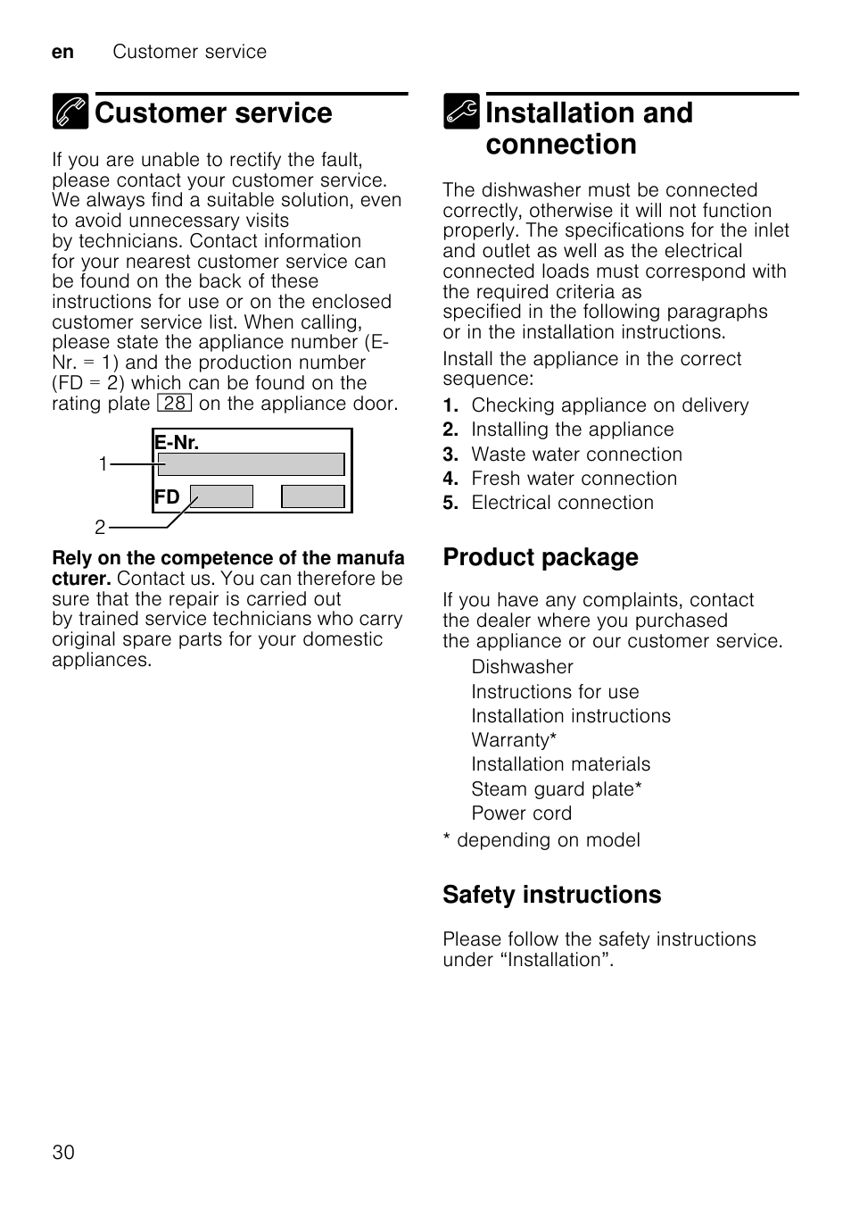 For all other models, Warm water connection *warm water connection, Depending on model | This will save energy and time, Setting hot water, Close the door, Switch on on/off switch, Release both buttons, To change the setting, Press start button | Neff S65M63N1GB User Manual | Page 30 / 35