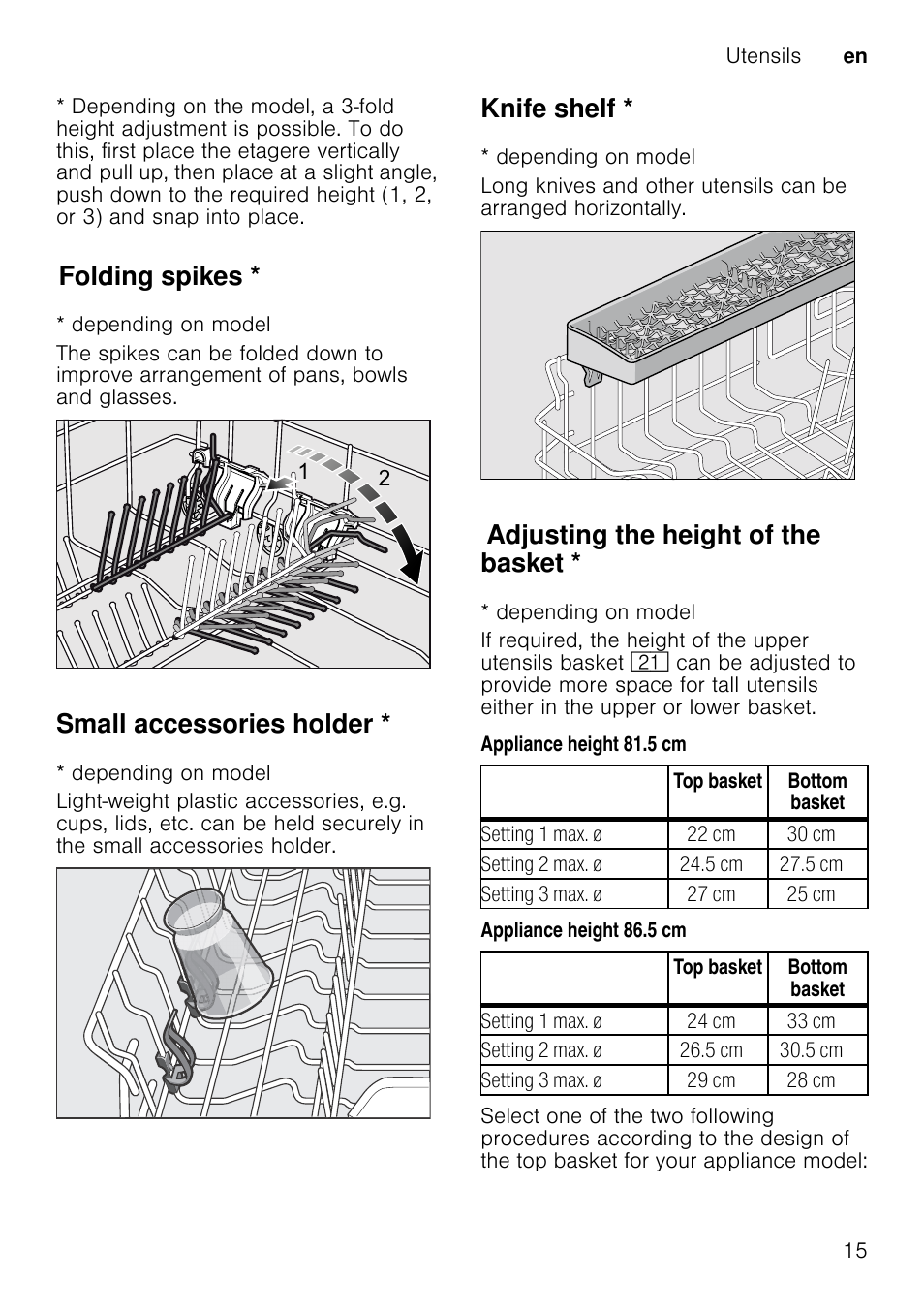 Adding detergent, Combination detergent, M warning | Folding spikes, Small accessories holder, Knife shelf, Adjusting the height of the basket | Neff S51M53X1GB User Manual | Page 15 / 42