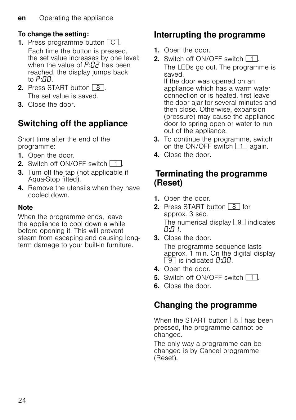 Filters, Spray arms, Unscrew the upper spray arm 1b | Remove the lower spray arm 1j upwards, Clean spray arms under running water, Re-engage or screw on spray arms, Switching off the appliance, Interrupting the programme, Terminating the programme (reset), Changing the programme | Neff S51M53X1GB User Manual | Page 24 / 42