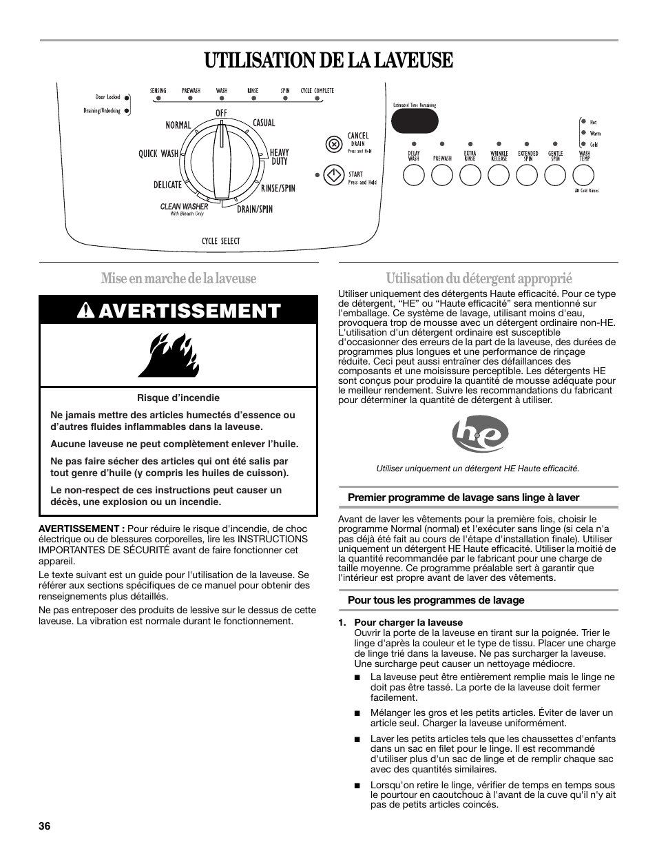 Utilisation de la laveuse, Avertissement, Mise en marche de la laveuse | Utilisation du détergent approprié | Whirlpool WFC7500VW User Manual | Page 36 / 52