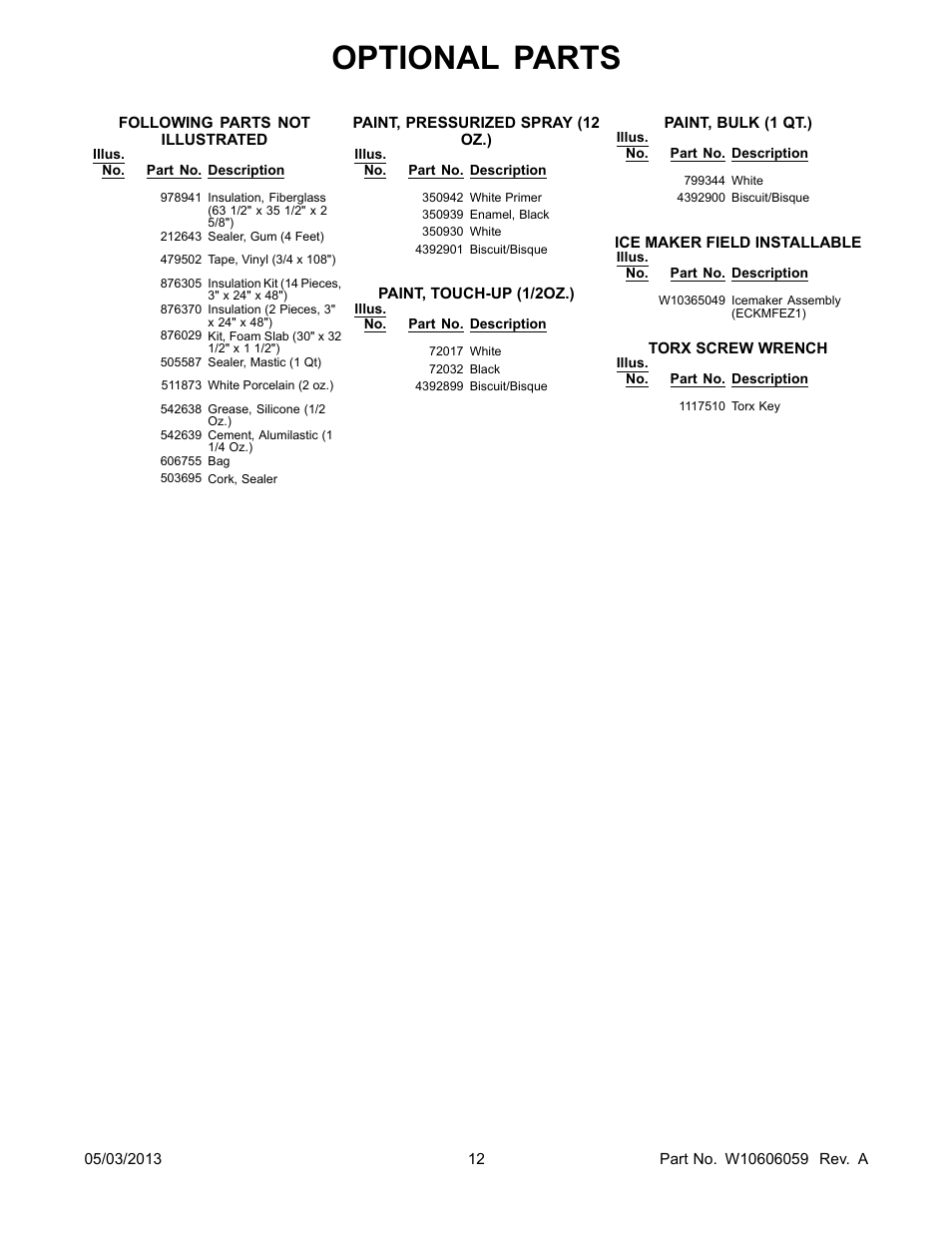 Optional, Optional parts | Whirlpool WRT311FZBM User Manual | Page 12 / 12