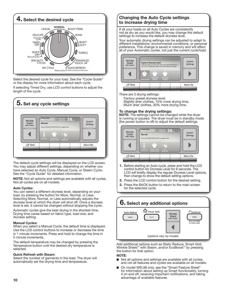 Set any cycle settings, Select the desired cycle, Select any additional options | Whirlpool WGD98HEBU User Manual | Page 10 / 36