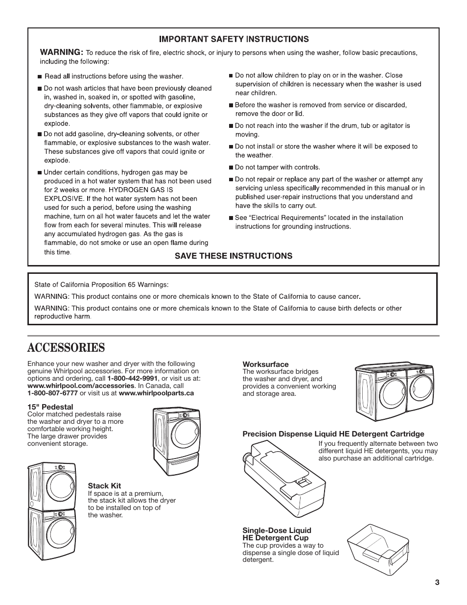 Accessories | Whirlpool WFL98HEBU User Manual | Page 3 / 36