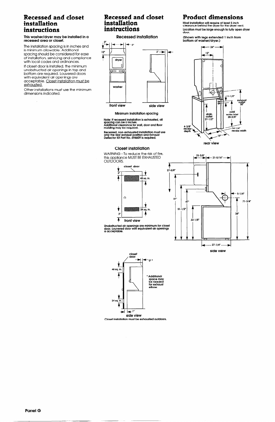Recessed and closet, Installation, Instructions | Product dimensions, Recessed and closet installation instructions | Whirlpool LTE5243DQ User Manual | Page 8 / 9