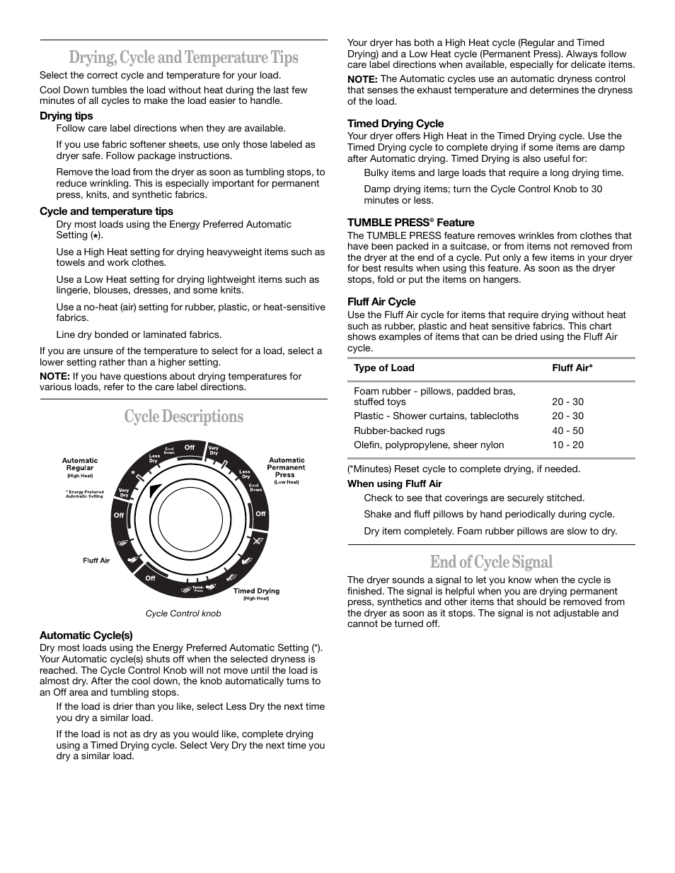 Drying, cycle and temperature tips, Cycle descriptions, End of cycle signal | Whirlpool LTE5243DQ User Manual | Page 11 / 18