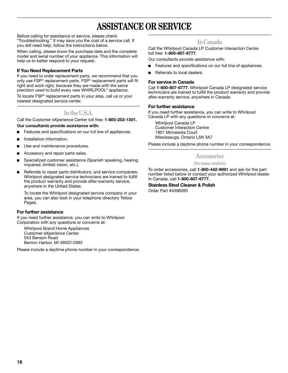 Assistance or service, Accessories | Whirlpool W8TXNWMBQ User Manual | Page 18 / 56
