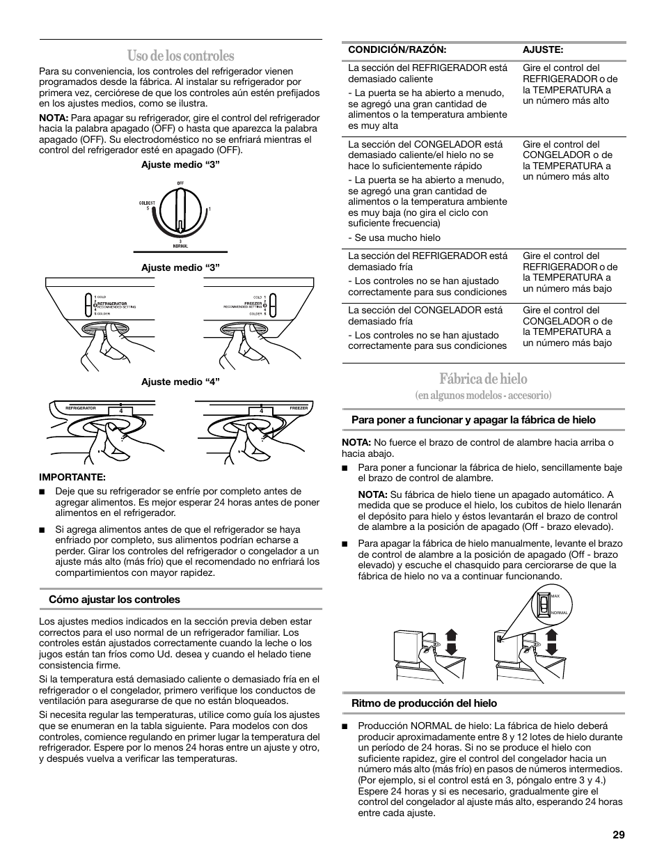 Uso de los controles, Fábrica de hielo, En algunos modelos - accesorio) | Whirlpool W8TXNWMBQ User Manual | Page 29 / 56