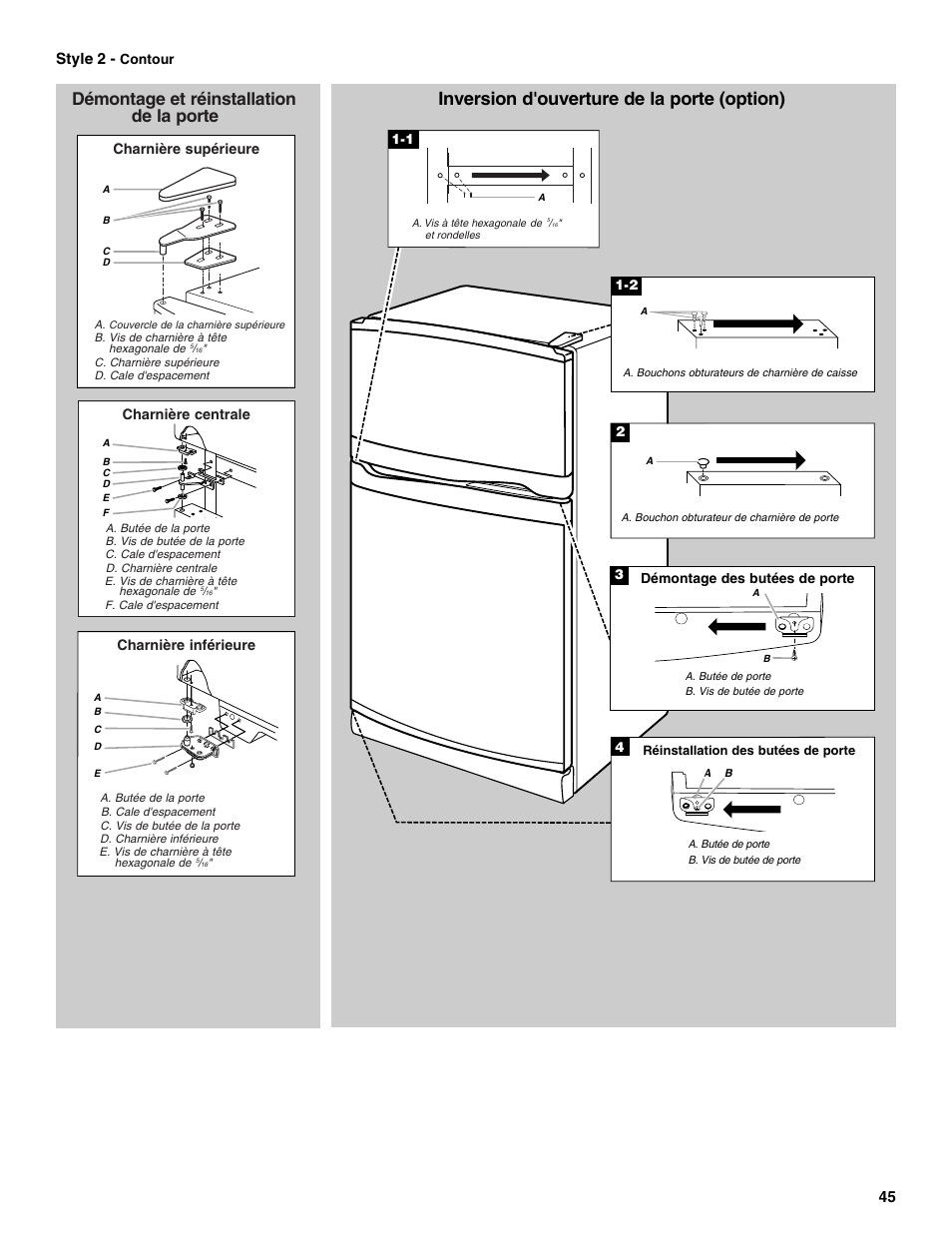 Inversion d'ouverture de la porte (option), Démontage et réinstallation de la porte, 45 style 2 | Whirlpool W8TXNWMBQ User Manual | Page 45 / 56