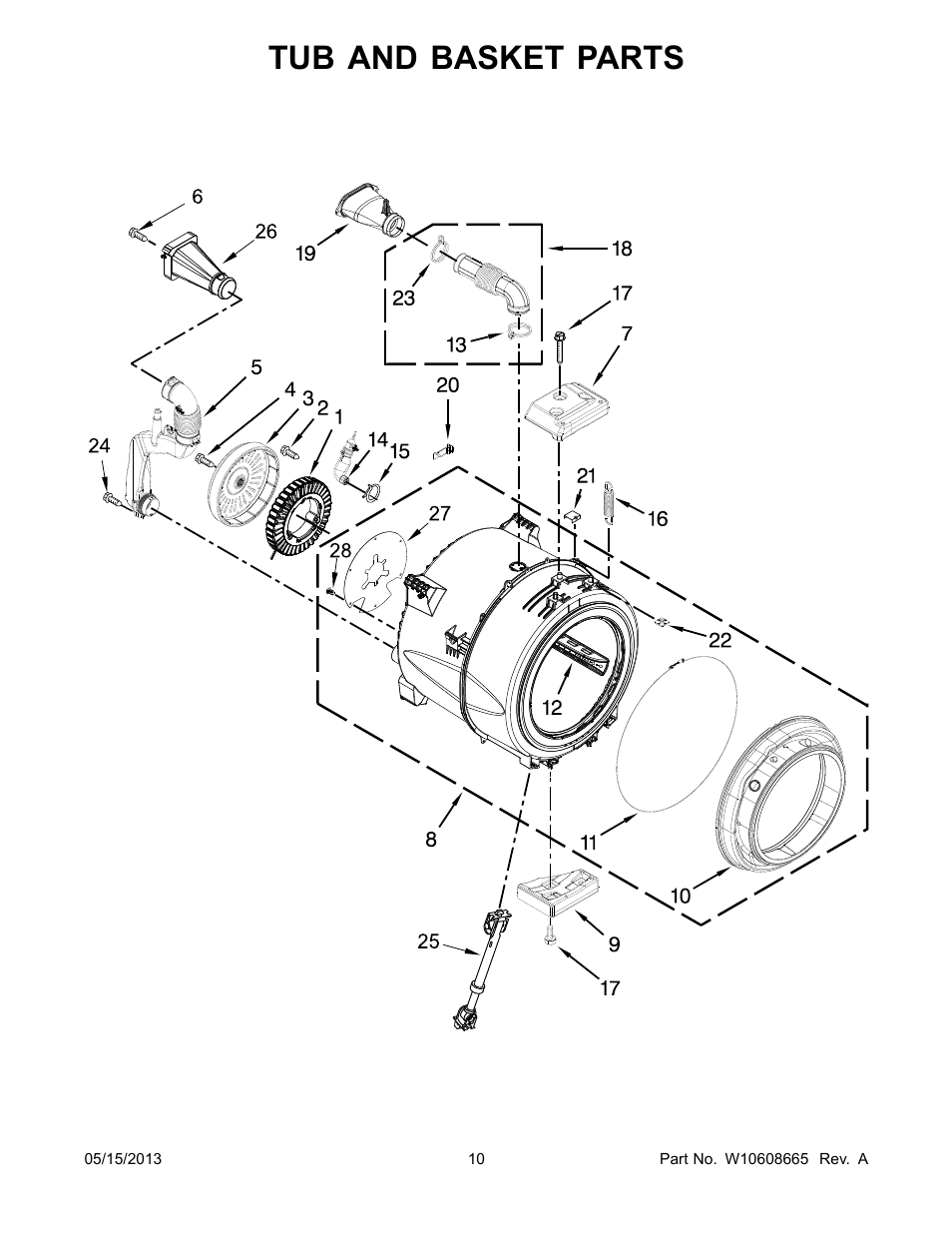 Tub and basket, Tub and basket parts | Whirlpool WFW80HEBW User Manual | Page 10 / 14