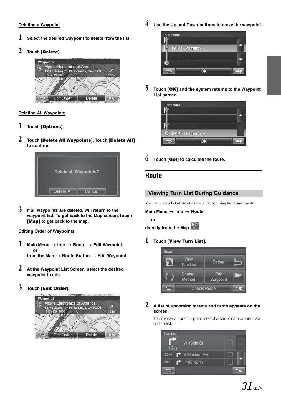 Route, Viewing turn list during guidance | Alpine INA-W910 User Manual | Page 31 / 131