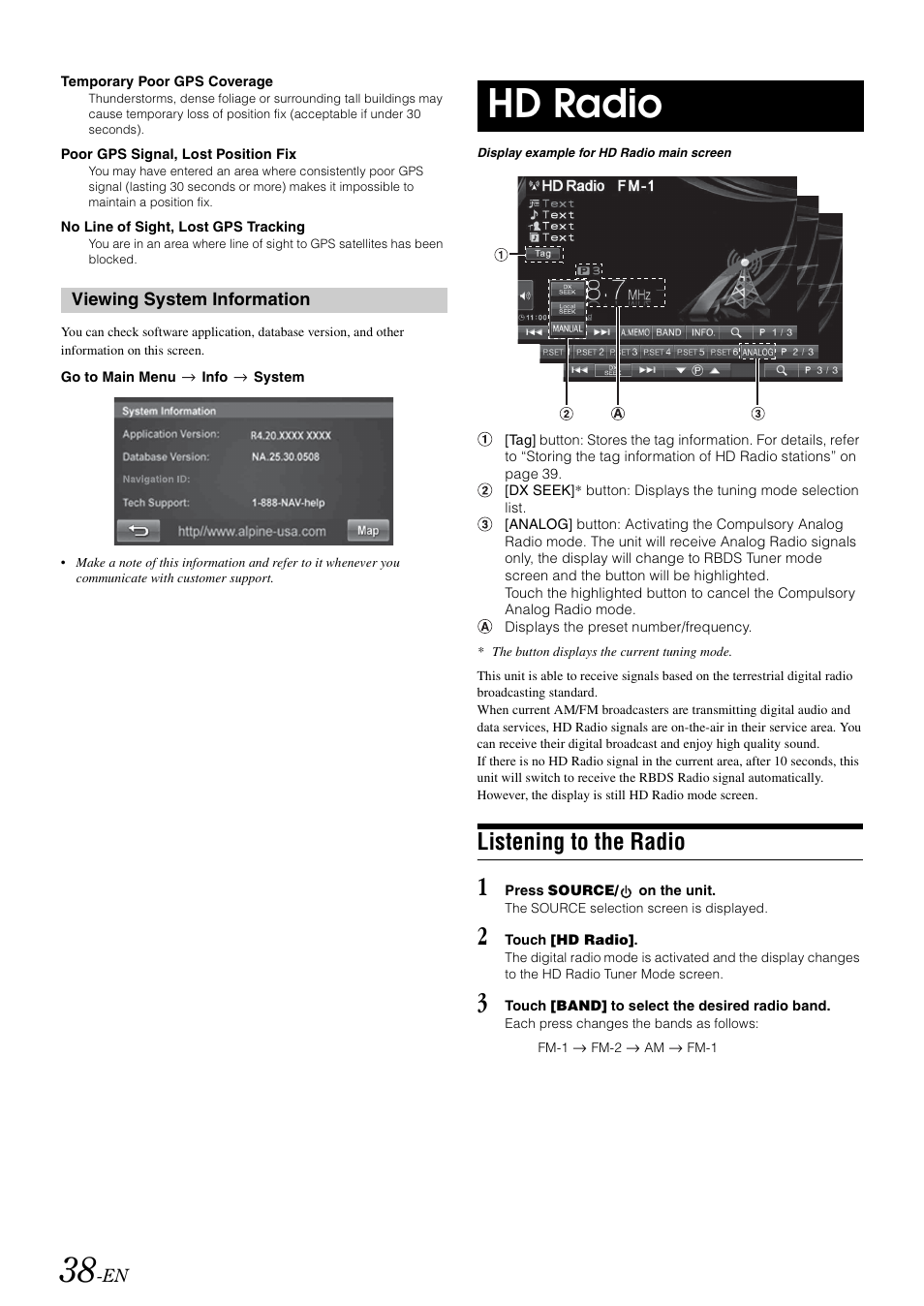 Viewing system information, Hd radio, Listening to the radio | Alpine INA-W910 User Manual | Page 38 / 131