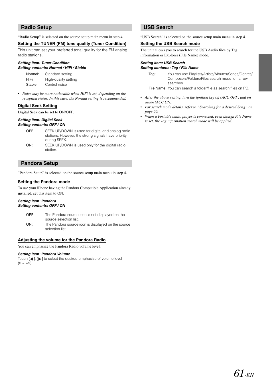 Radio setup, Pandora setup, Usb search | Radio setup pandora setup usb search | Alpine INA-W910 User Manual | Page 61 / 131
