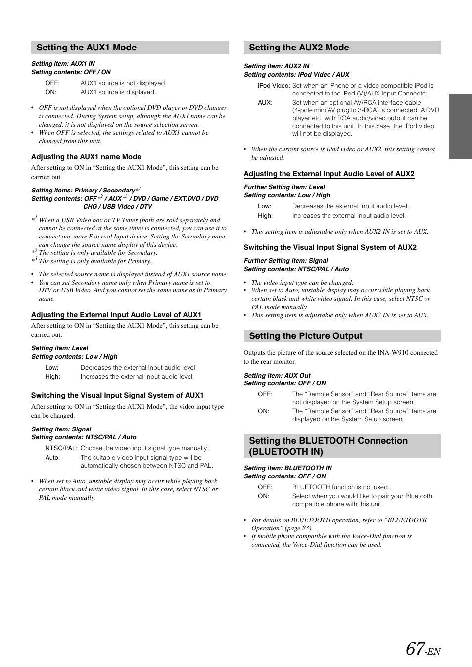 Setting the aux1 mode, Setting the aux2 mode, Setting the picture output | Setting the bluetooth connection (bluetooth in), Bluetooth in) | Alpine INA-W910 User Manual | Page 67 / 131