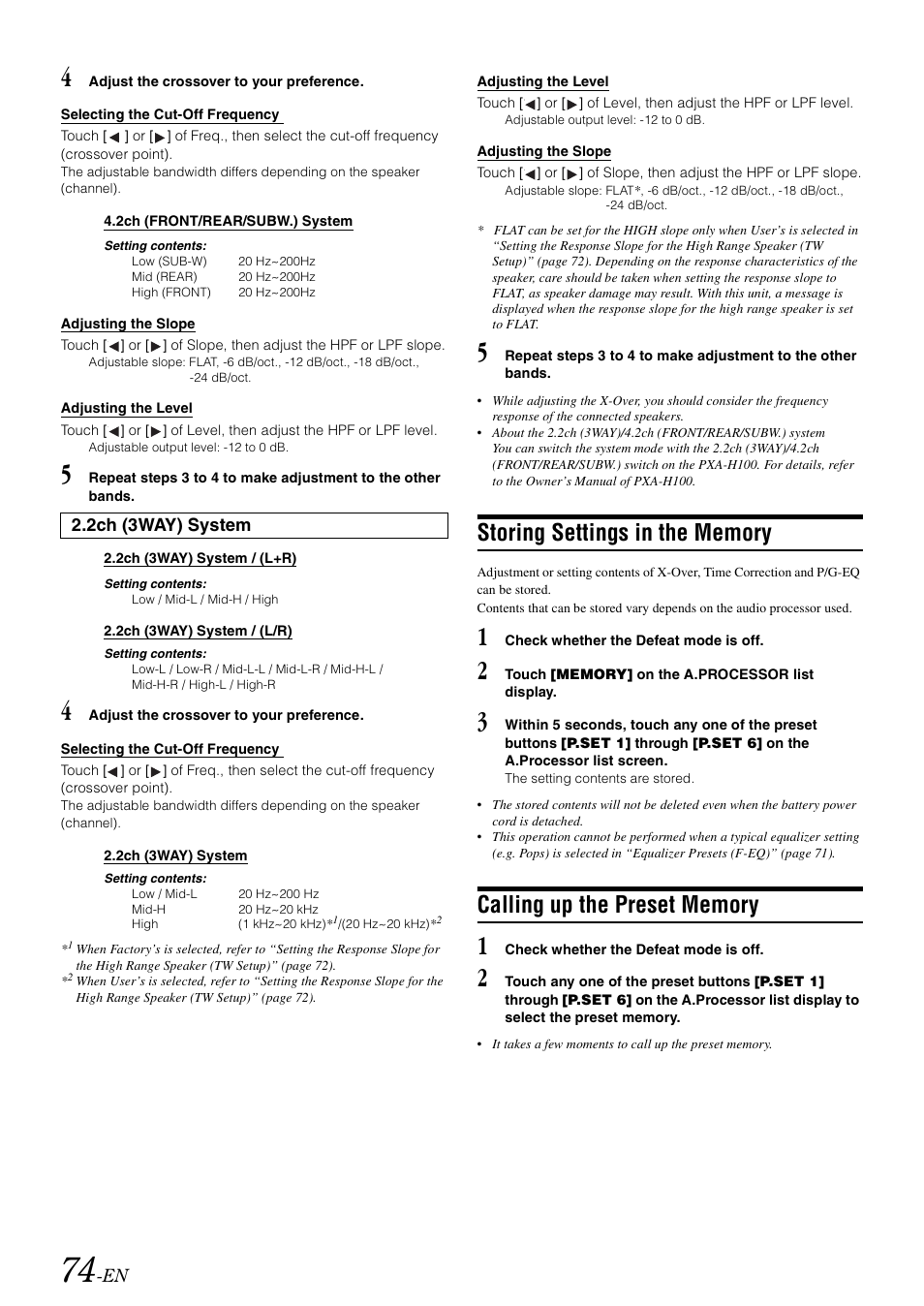 Storing settings in the memory, Calling up the preset memory | Alpine INA-W910 User Manual | Page 74 / 131