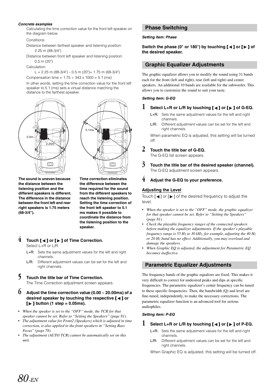 Phase switching, Graphic equalizer adjustments, Parametric equalizer adjustments | Alpine INA-W910 User Manual | Page 80 / 131