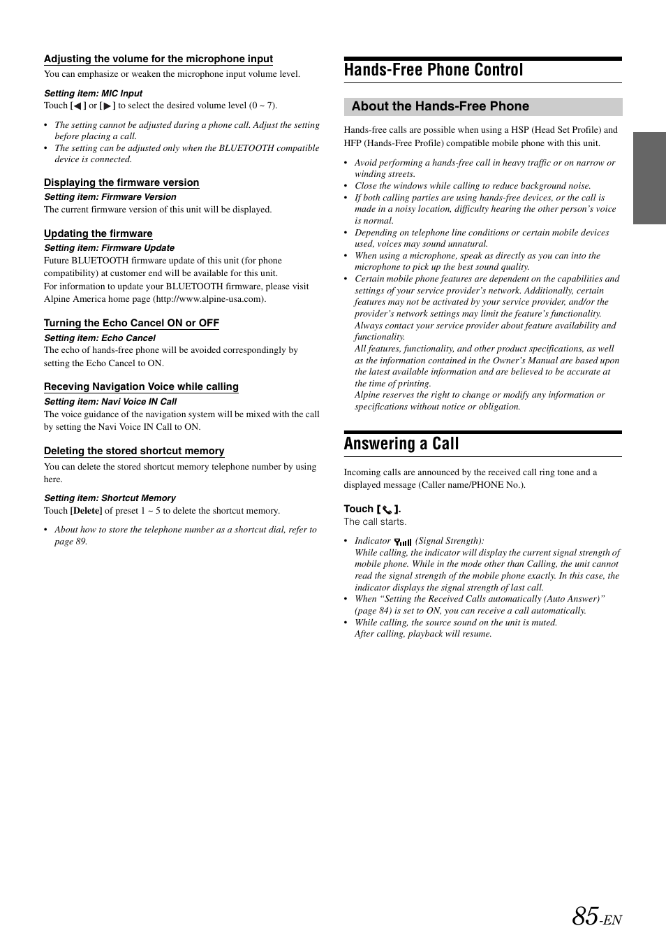 Hands-free phone control, About the hands-free phone, Answering a call | Alpine INA-W910 User Manual | Page 85 / 131