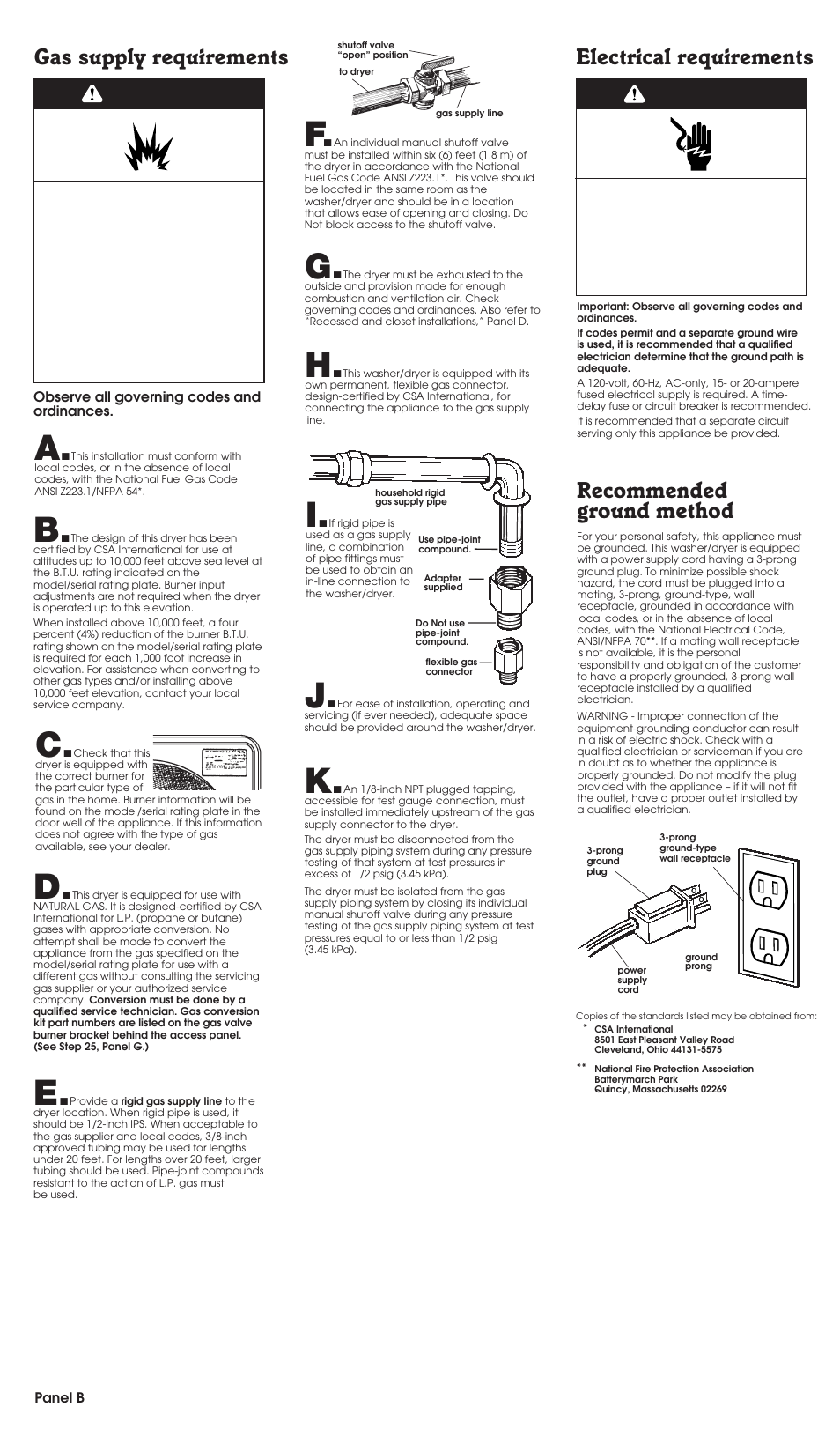 Gas supply requirements, Electrical requirements, Recommended ground method | Warning | Whirlpool LTG5243DQ User Manual | Page 3 / 9