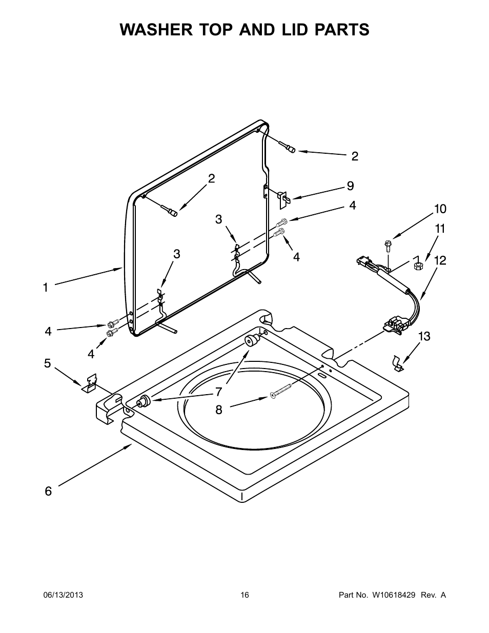 Washer top and lid, Washer top and lid parts | Whirlpool LTG5243DQ User Manual | Page 16 / 28