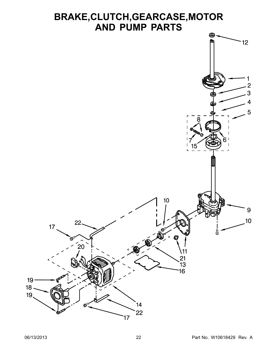 Brake,clutch,gearcase,motorand pump, Brake,clutch,gearcase,motor and pump parts | Whirlpool LTG5243DQ User Manual | Page 22 / 28