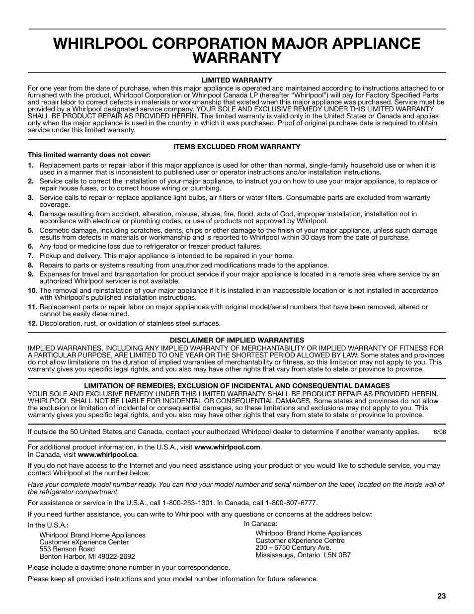 Whirlpool corporation major appliance warranty | Whirlpool WRT771REYB User Manual | Page 23 / 72