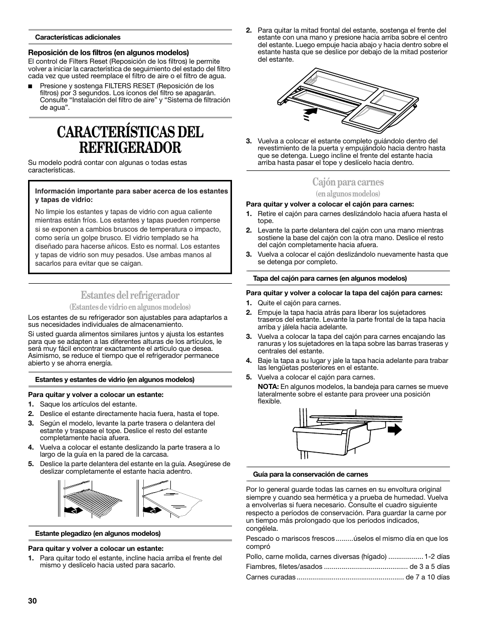 Características del refrigerador, Estantes del refrigerador, Cajón para carnes | Whirlpool WRT138TFYB User Manual | Page 30 / 60