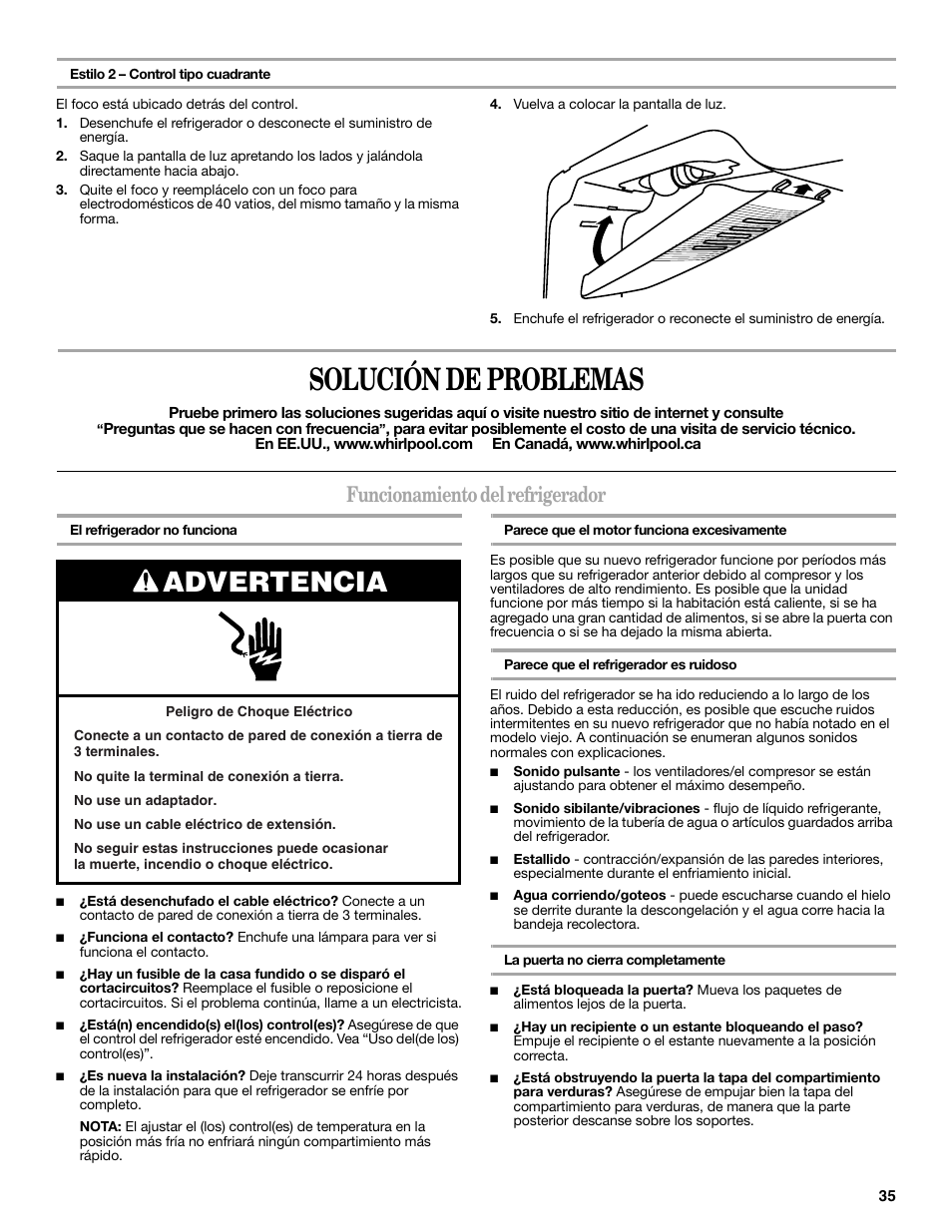 Solución de problemas, Advertencia, Funcionamiento del refrigerador | Whirlpool WRT138TFYB User Manual | Page 35 / 60