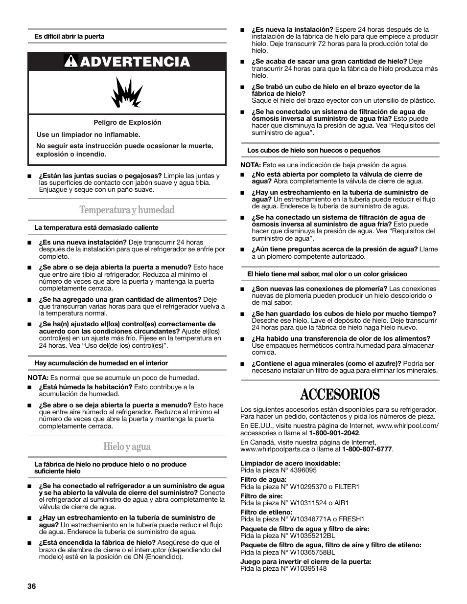 Accesorios, Advertencia, Temperatura y humedad | Hielo y agua | Whirlpool WRT138TFYB User Manual | Page 36 / 60