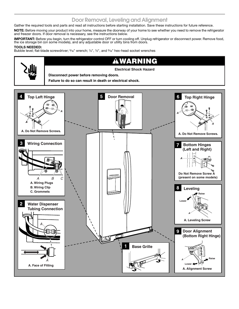 Warning, Door removal, leveling and alignment | Whirlpool WRS325FDAM User Manual | Page 2 / 8