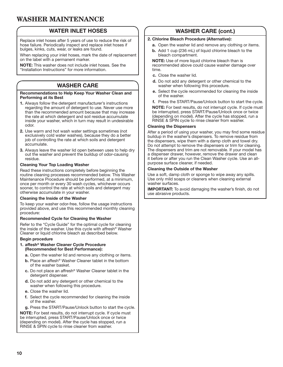 Washer maintenance, Water inlet hoses, Washer care | Washer care (cont.) | Whirlpool WTW4850BW User Manual | Page 10 / 36