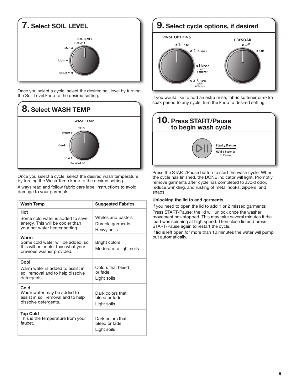Select wash temp, Select cycle options, if desired, Press start/pause to begin wash cycle | Select soil level | Whirlpool WTW4850BW User Manual | Page 9 / 36