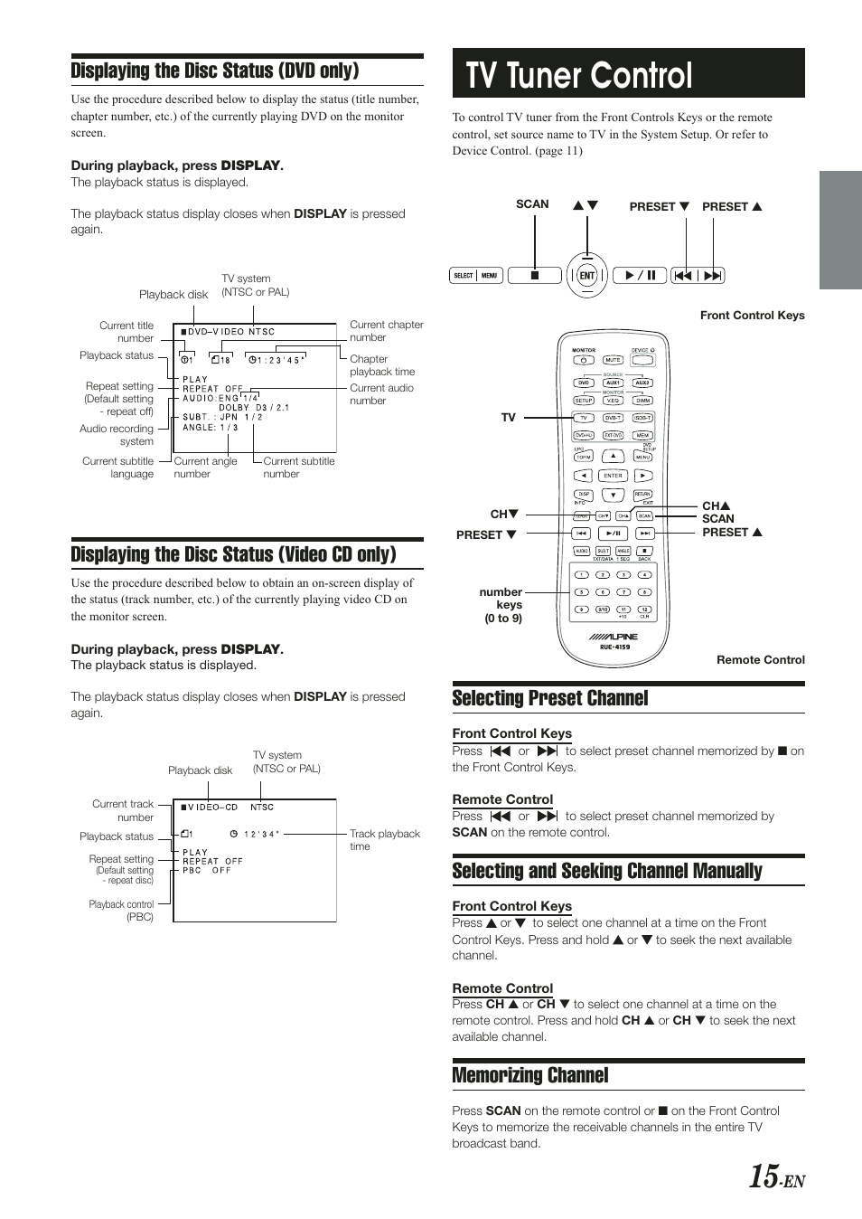Tv tuner control, Me i i g cha el | Alpine PKG-RSE2 User Manual | Page 17 / 36