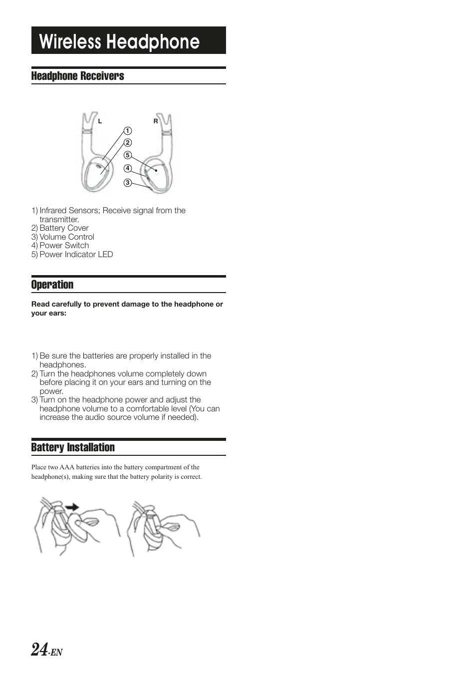 Wireless headphone, Head h e recei e, O e a i | Ba e i alla i | Alpine PKG-RSE2 User Manual | Page 26 / 36