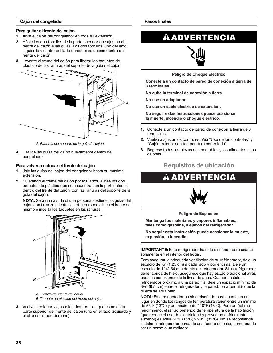 Advertencia, Requisitos de ubicación | Whirlpool WRX988SIBM User Manual | Page 38 / 96