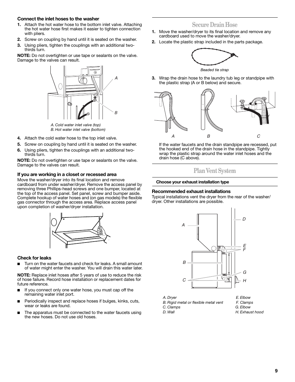 Secure drain hose, Plan vent system | Whirlpool LTG5243DQ User Manual | Page 9 / 12