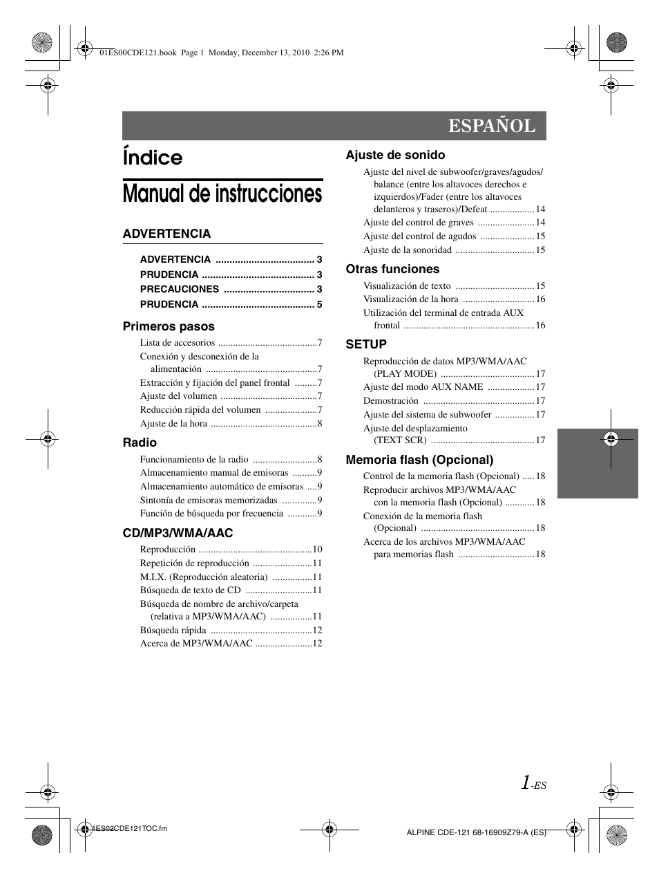 Manual de instrucciones, Índice, Español | Alpine CDE-121 User Manual | Page 60 / 93