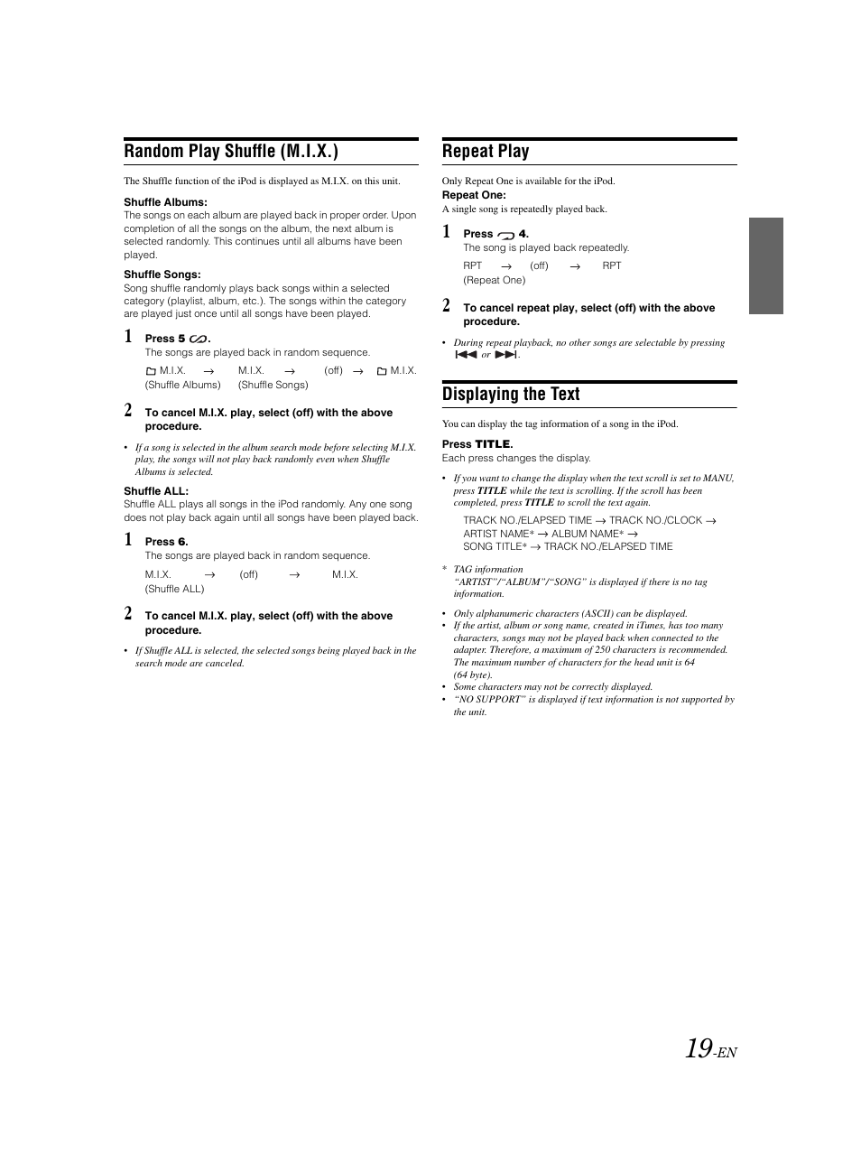 Random play shuffle (m.i.x.), Repeat play, Displaying the text | Alpine CDE-9873 User Manual | Page 20 / 31