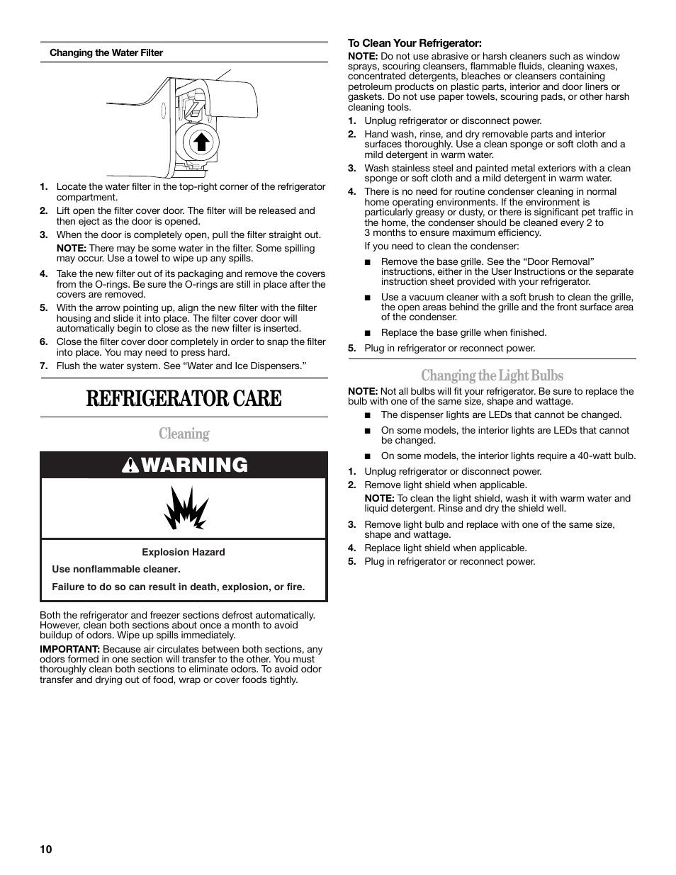 Refrigerator care, Warning, Cleaning | Changing the light bulbs | Whirlpool WRS965CIAM User Manual | Page 10 / 48