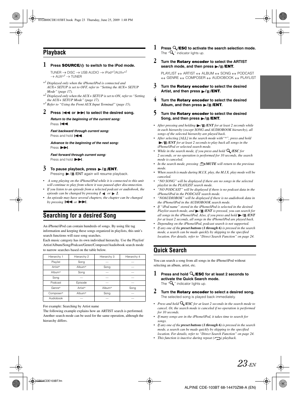 Playback, Searching for a desired song, Quick search | Alpine 68-14470Z98-A User Manual | Page 25 / 36