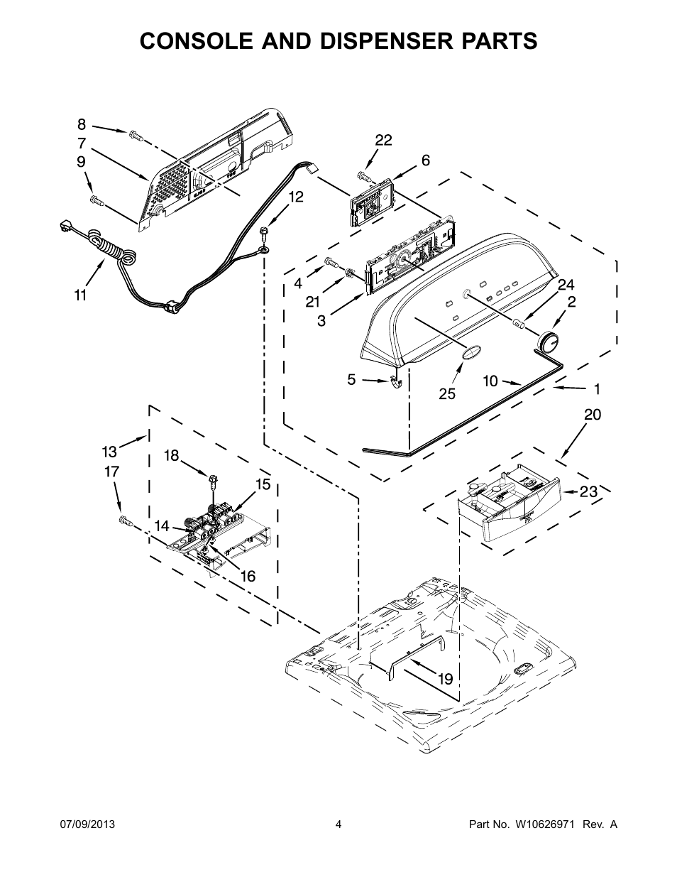 Console and dispenser, Console and dispenser parts | Whirlpool WTW5500BW User Manual | Page 4 / 10