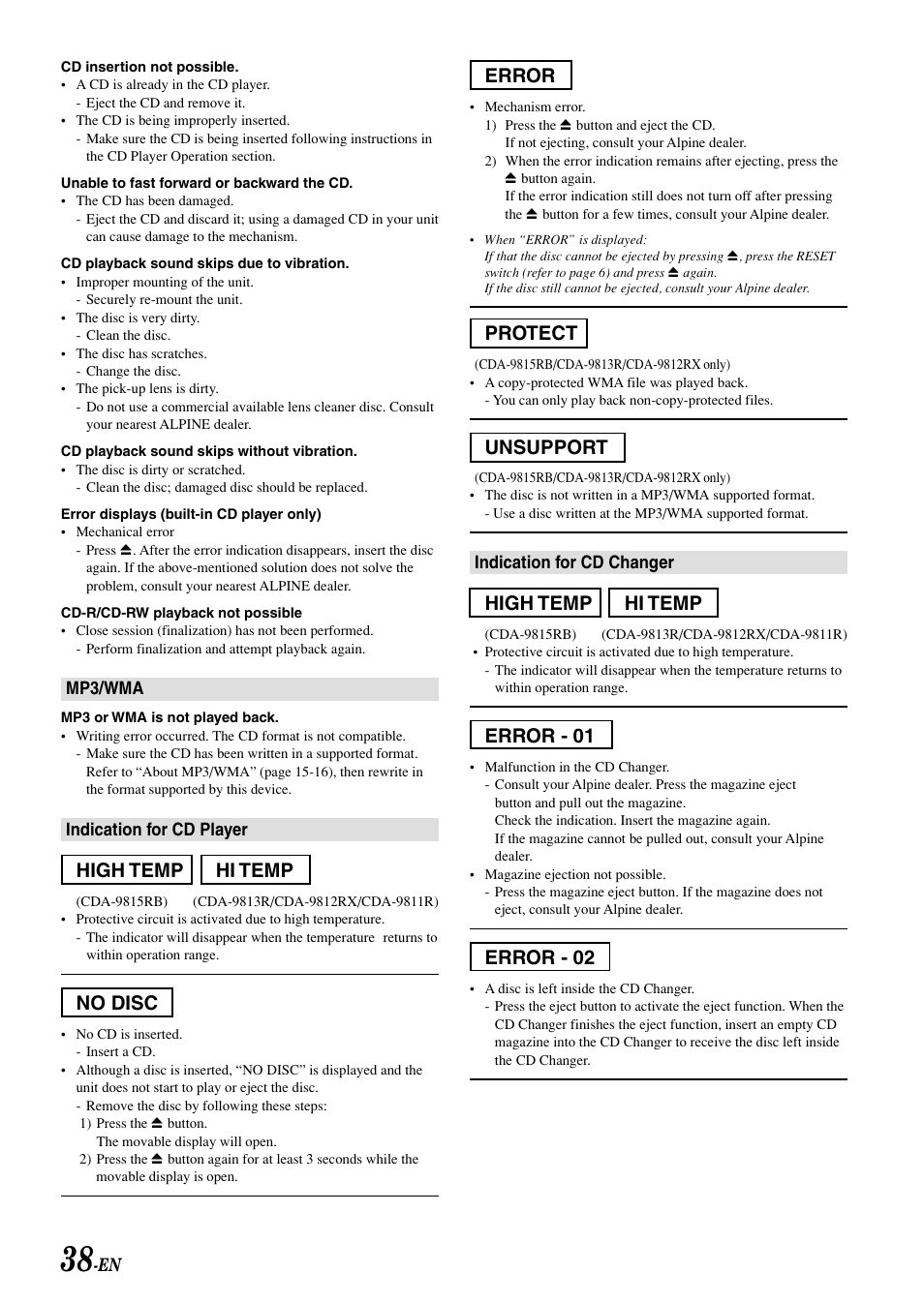 High temp hi temp, No disc, Error | Protect, Unsupport, Error - 01, Error - 02 | Alpine CDA-9815RB User Manual | Page 40 / 48