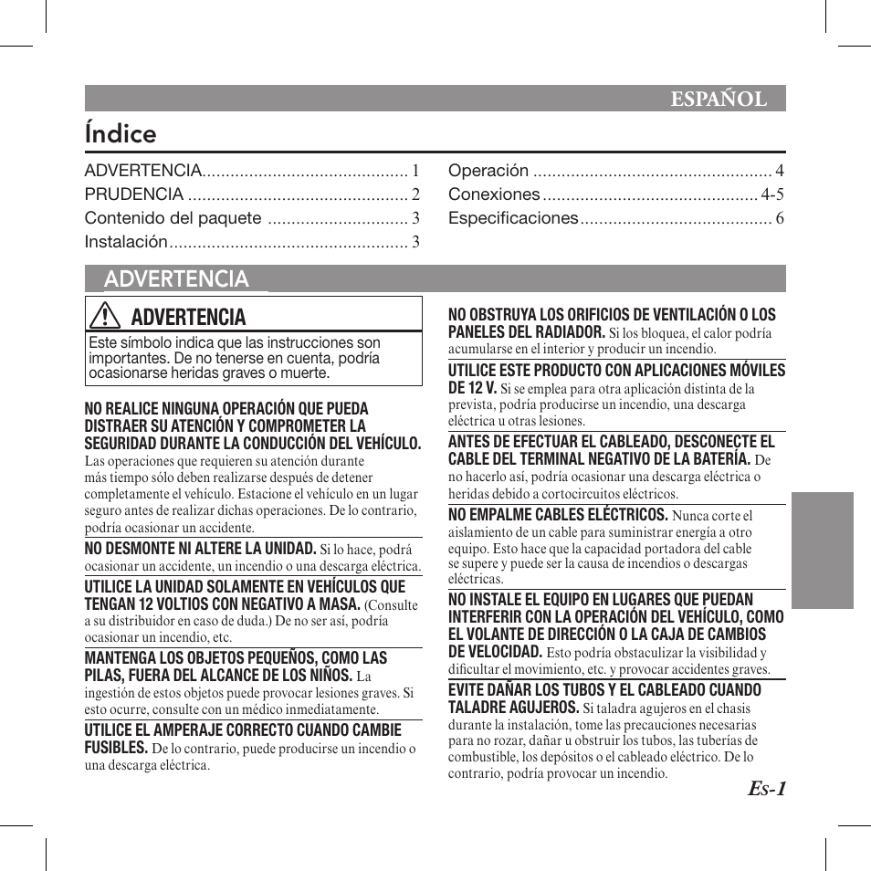Índice, Advertencia advertencia, Español | Alpine TUA-T550HD User Manual | Page 15 / 24