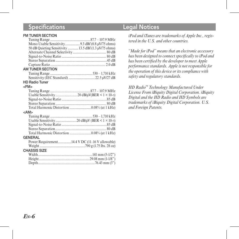 Specifications legal notices | Alpine TUA-T550HD User Manual | Page 8 / 24
