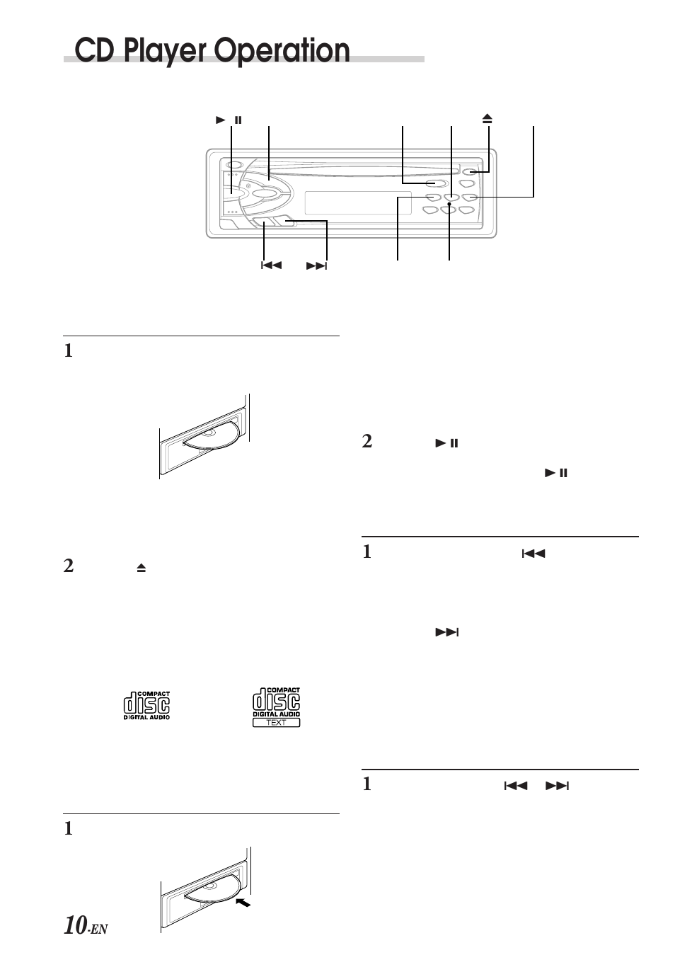 Cd player operation, Music sensor (skip), Fast forward and backward | Inserting/ejecting disc, Normal play and pause | Alpine CDE-7853 User Manual | Page 12 / 19